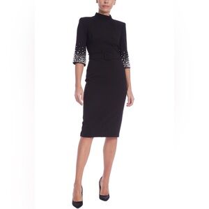 Badgley Mischka Black Mock Neck 3/4 Sleeve Pearl Accent Pencil Dress 8 **NO BELT